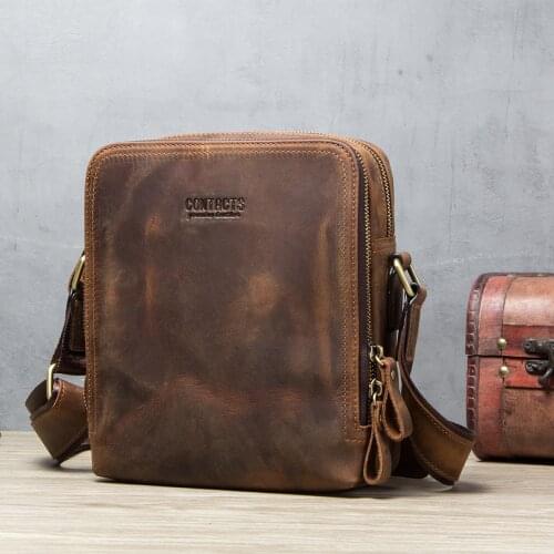 Contacts Mens Crossbody Shoulder Bag Vintage Genuine Leather Retro Messenger Bag Stylish Casual Male Travel Bag