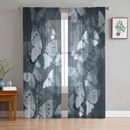 Hand Draw Butterfly Sheer Curtains for Living Room Modern Voile Curtain Bedroom Tulle Curtains Window Drapes Decor