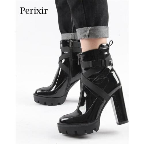 Perixir Platform Ankle Boots Women 12cm Thick Heels Ladies Round Toe High Heels Boots Black White 2020 Autumn/Winter Shoes
