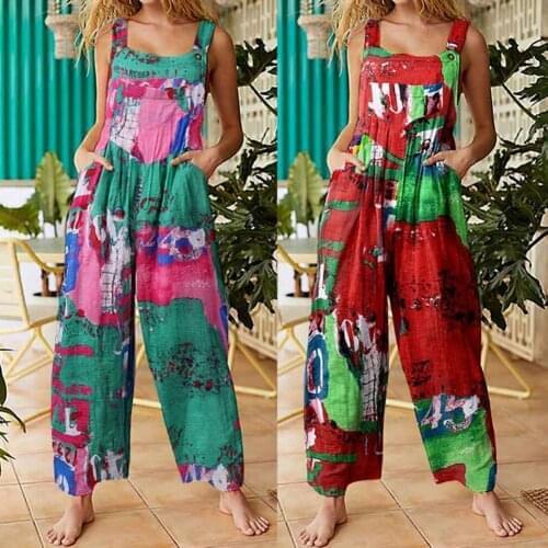 Slacks Vintage Breathable Women Floral Print Jumpsuits for Summer