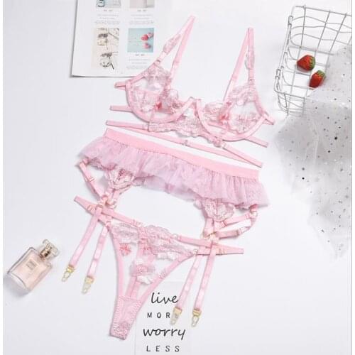 Women Sexy 3PCS Floral Embroidery Lace Hollow Exotic Sets Femme Bras+ Thong Panties+ Graters Sexy Exotic Set for Valentines Day