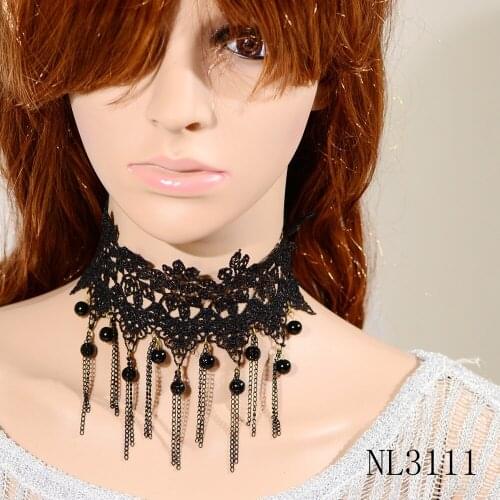 Fashion Design Unique Chain Tassel Bead Pendant Gothic Lace Collar Necklace for Lady Bead Pendant Choker Statement Jewelry