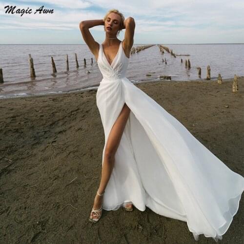 Magic Awn Beach White Wedding Dresses For Women Organza V-Neck Lace Appliques Thigh Slit Boho A-Line Bridal Gowns Simple Vestido