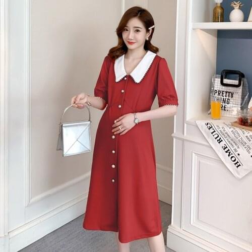 9128# Maternity Clothes Summer Button Chiffon Short Sleeve Loose Stylish Dress for Pregnant Women Mom Dress