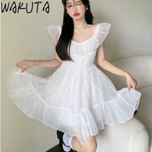 WAKUTA White Fairy Mesh Mini Dress Women Summer Sweet Date Vestidos Korean Style Elegant Ruffles High Waist Dresses All Match