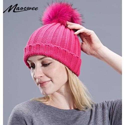 Children New Arrival Real Fox Fur Colour Ball PomPon Beanies Knitted Skullies Hat Autumn Winter Warm Elastic Hats Raccoon