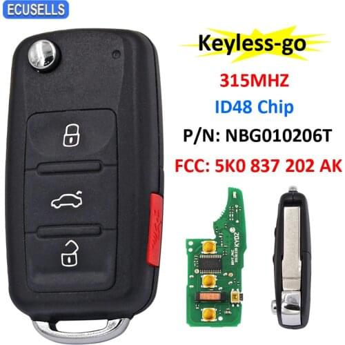 3+1/4 Button Keyless-go Remote Key 315MHz ID48 Chip for Volkswagen 2011-2017 (Models with Prox) P/N: NBG010206T 5K0 837 202 AK
