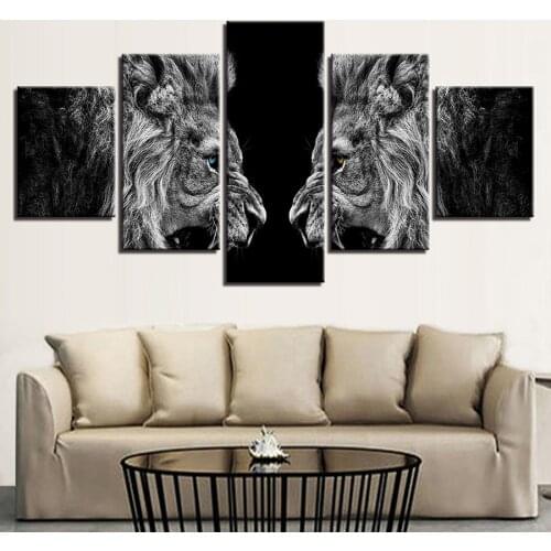 Home Decor HD Prints Canvas Posters Framework 5 Pieces Roaring Lions Mirror Paintings Wall Art Animal Pictures For Living Room