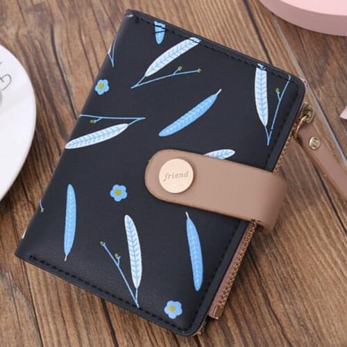 Short Leaf Print Womens Wallet Soft PU Leather Credit Card Holder Buckle Two-fold Ladies Zipper Coin Purse Cute Money Wallets