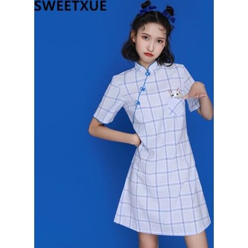 SWEETXUE Lady Cheongsam Young Chinese Style Womens Retro Sweet Girl Cute Dress Loose A-line Dress Vestidos