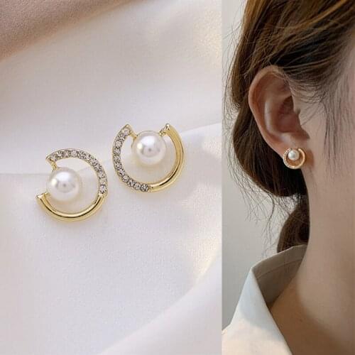 Cute Simple Rhinestone Pearl Metal Hoop Stud Earrings for Women Girls Teens Korean Ear Jewelry Earrings 2021 Trend New Arrival