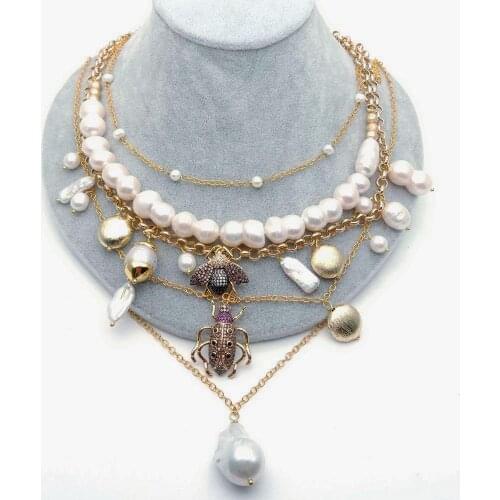 YYGEM layered chain Freshwater White Pearl Cz insect multi-layer charm statement necklace hiphop style for women