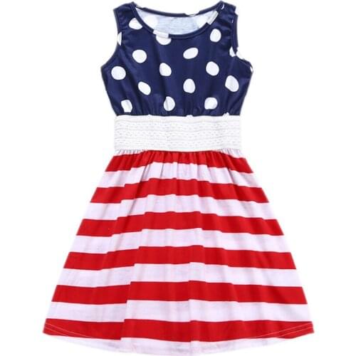 Fancy 0-8Y 4th of July Lace Elastic Waist Dresses for Girls Independence Day Kids Striped Dress Holiday Costume