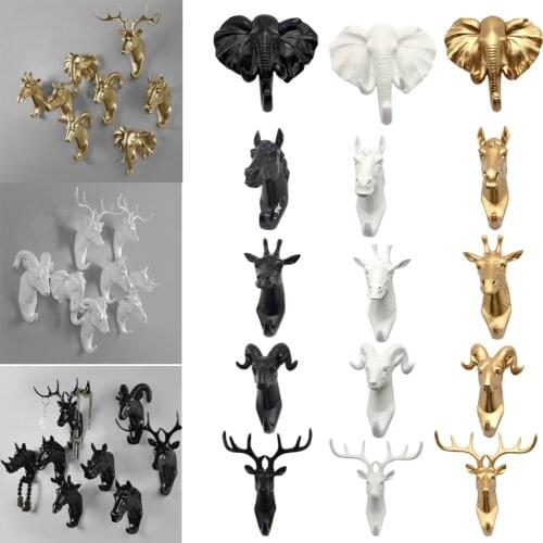 Fashion Animal Shaped Resin Hooks Deer Stags Rhino Horse Giraffe Elephant Head Wall Hanger Coat Hat Hook Rack Holder Home Decor