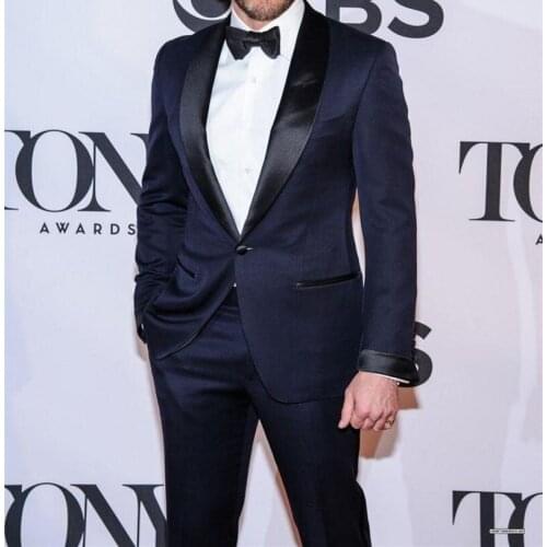 New Arrival Groomsmen Navy Blue Groom Tuxedos Shawl Black Lapel Men Suits Wedding/Prom Best Man Blazer ( Jacket+Pants+Tie ) C388