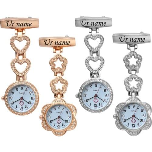 Personalized Customized Engraved with Your Name Doctor Clock Pin Brooch Zircon Crystal Strass Rose Gold Heart Fob Nurse Watch