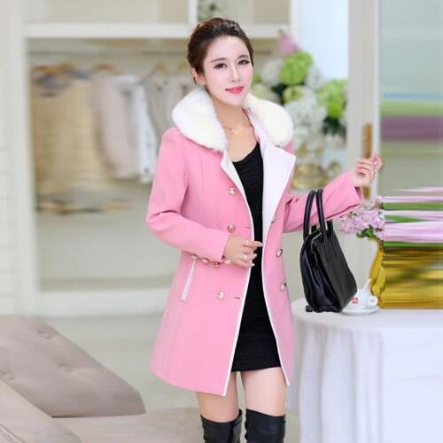 Pinky Is Black 2017 Women medium-long coat woolen outerwear autumn winter large fur collar thickening winter woolen overcoat