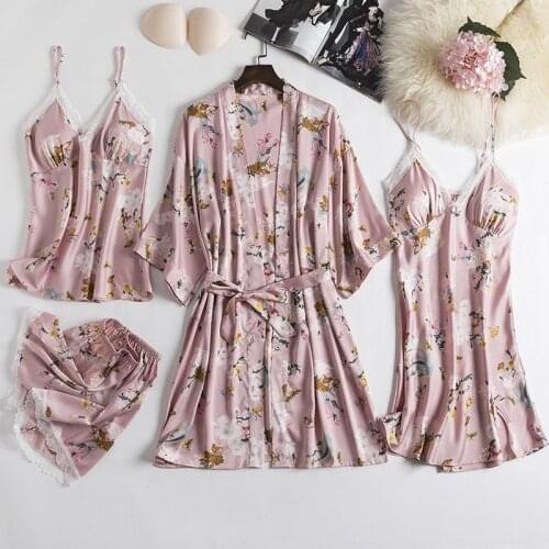 4PCS Women Sleepwear Sleep Suit Lace Print Pajamas Sets Spring Silky Satin Kimono Strap Top&Short Pijamas Chest Pads Nightgown