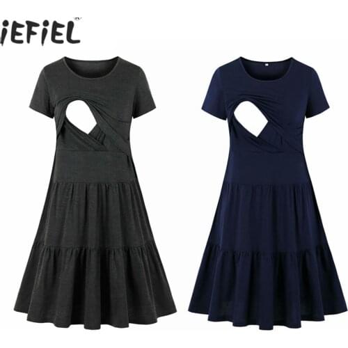 Maternity Dresses Nursing Nightgown Pleated Dress Pregnancy Short Sleeve Breastfeeding Clothes For Pregnant Women Sleepwear