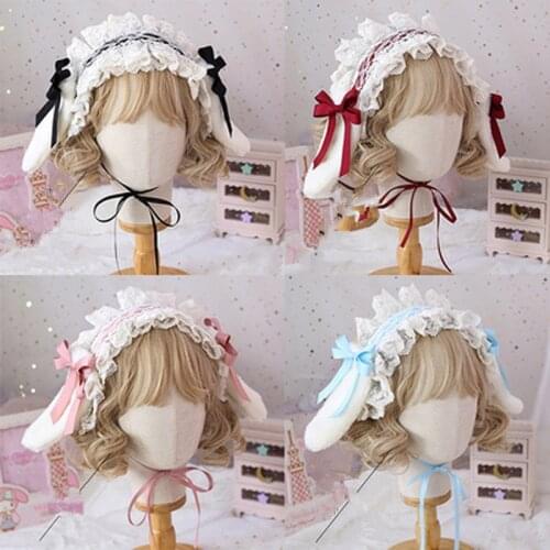 Japanese Lolita Bowknot Lace Headdress Hair Band Lop Ears Bunny Headband Cute Rabbit Ears Hair Clips Cosplay Hair Accessories