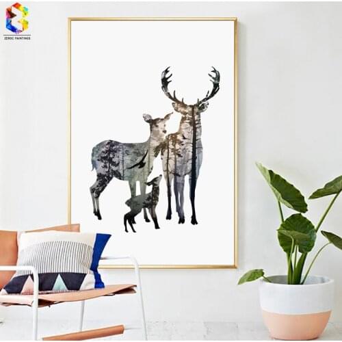 Silhouette of Deer Family with Pine Forest Canvas Art Print Painting Poster, Wall Picture for Home Decoration, Room Decor