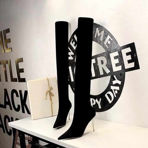 BIGTREE 2020 Fashion Stretch Fabric Sock Boots Pointed Toe Over-the-Knee Heel Thigh High Woman Boot botas mujer Shoe code 34-40