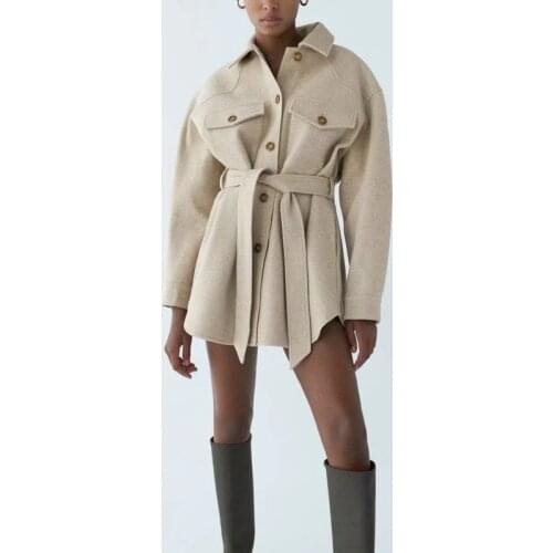 2021 WInter New Woollen Wrap Coat Women High Waist Tunic Bandage Jacket Pockets Casual Warm Shirt Coat