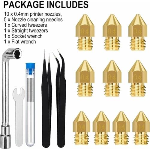 19Pcs/Set 0.4mm 3D Printer Extruder Nozzles Set Extruder Print Head Cleaning Tool Kit for Makerbot Creality Ender 2/3 CR-10