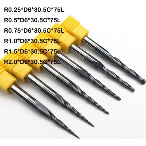 6PCS R0.25&0.5&0.75&1.0&1.5&2.0mm 75L *2F HRC55 Tungsten solid carbide Tapered taper and cone Ball Nose Taper CNC End Mills Bits
