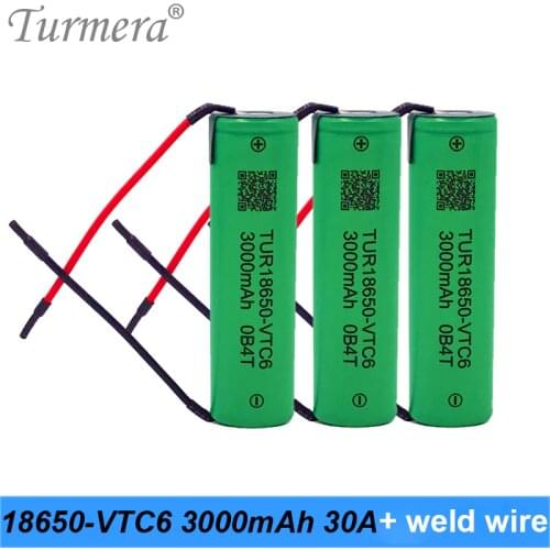 Turmera 18650 VTC6 3000mAh Battery 30A Welding Wire for 12V 16.8V 18V 21V 25V Electric Drill Screwdriver Battery and E-bike Use