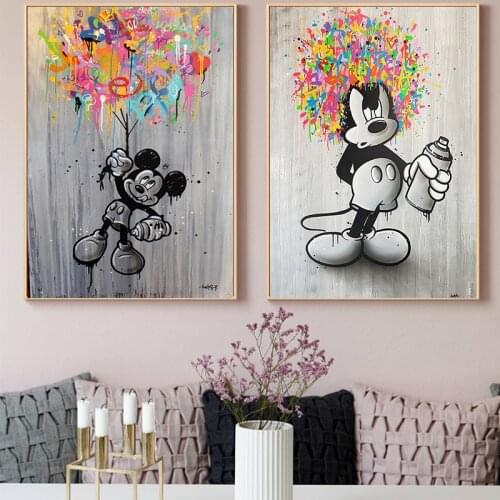 Disney Cartoon Mickey Mouse Graffiti Art Black and White Canvas Painting Poster and Prints Wall Art Pictures for Living Room