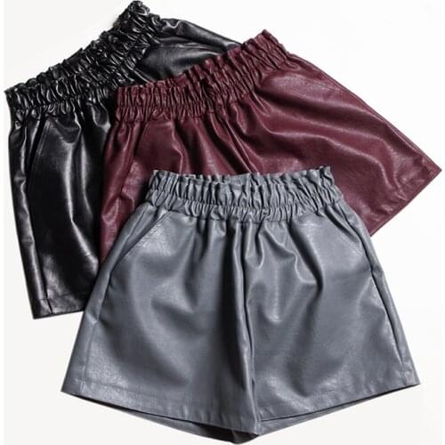Elastic High Waist Loose Leather Shorts Women England Style Wide Leg Shorts black fashion Autumn and winter women
