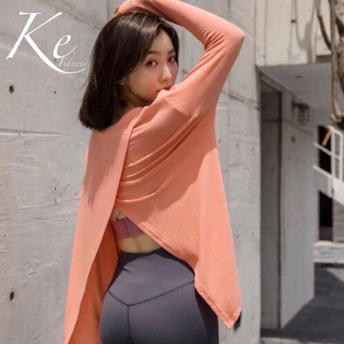 KE sport t-shirt woman orange white green back big split backless knot knot loose wild fitness yoga blouse long-sleeved shirt