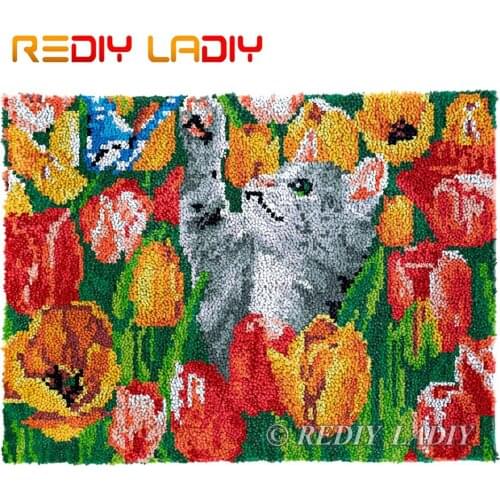 Latch Hook Rug Cat in Tulips Chunky Yarn Tapestry Kits Crocheting Cushion Mat DIY Carpet Rug Needlework Hobby & Crafts 81*61cm