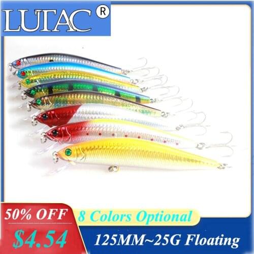 LUTAC Floating artificial minnow 125mm 25g treble hook Jerkbait 3D eyes ABS plastic hard bait Fishing tackles