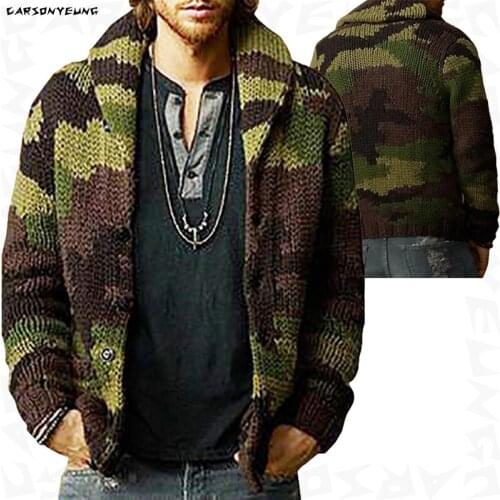 Mens Fashion Camouflage Jacquard Sweatercoat Men Lapel Button Cardigan Warm Jacket Sweater 2021 Autumn Wool Knitwear Coats