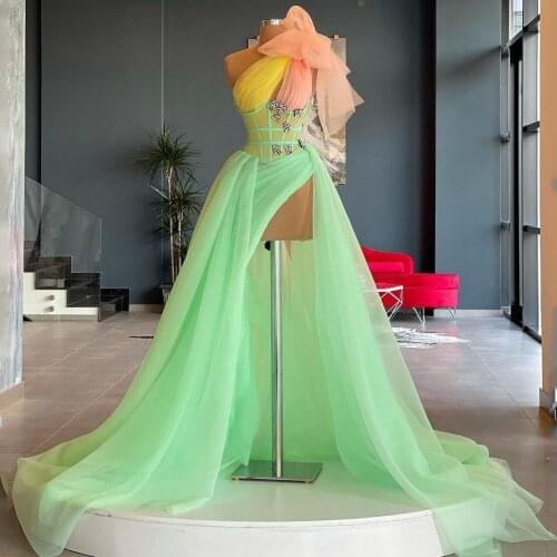 New Elegant Fashion Long Prom Dresses One Shoulder Bow Strap Sleeveless Evening Dresses High Slit Crystals Women Pageant Gowns