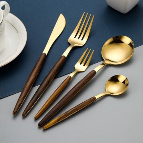 Imitation wood handle stainless steel knife, fork, spoon, Portuguese dinnerware set, golden steak knife