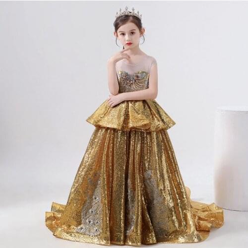 2020 Gold Glitter Gorgeous Off Shoulder Girls Dress Ruffles Sweetheart Sequins Ball Gowns Dress vestido de noche ET0412