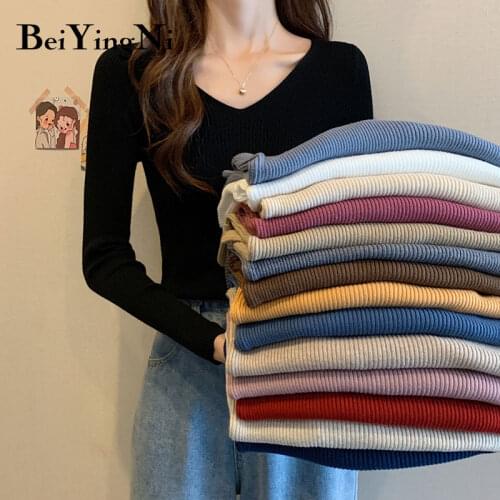 Beiyingni Spring Autumn Sweater Women Plain Basic Casual Korean Sweet V-neck Knitwear Pullover Female Long Sleeve Harajuku Tops