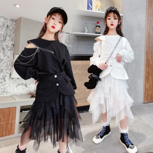 Spring And Autumn Kids Clothing 2021 American And European Casual Temperament Ripe Sweater + Gauze Skirt 2 Piece Girls Sets