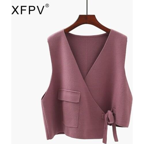 XFPV 2021 Autumn Winter New Arrivals Irregular Knitted Vest Womens Korean Version Loose Sleeveless Pocket Vest Coat SM074