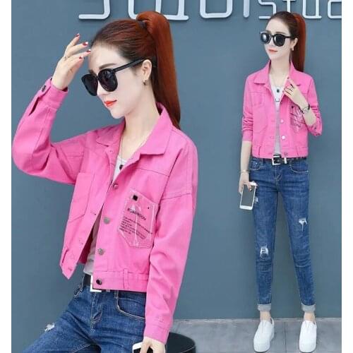 Womens Denim Jacket 2021 Autumn New Solid Color Short Jean Jackets Korean Loose Embroidery Letter Female Casual All-Match Coat