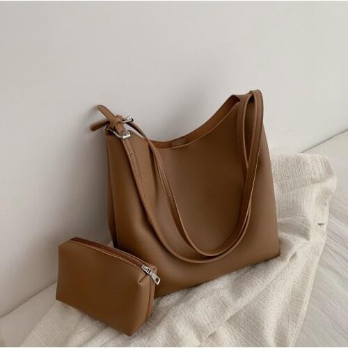 Autumn New Style Larger Capacity Bucket Bags for Women Retro Simple Solid Color Pu Leather Shoulder Composite Bag Female