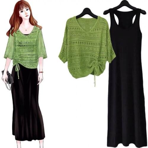 2021 Summer New Casual Women Green Hole Hollow Out Knitted Blouse Thin Bat Sleeve Sleeveless Dress Two 2 Piece Set Holiday Beach