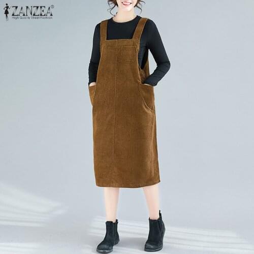 ZANZEA Women Corduroy Overalls Dress Vintage Straps Sundress Autumn Winter Solid Sleeveless Pockets Midi Vestidos Suspenders