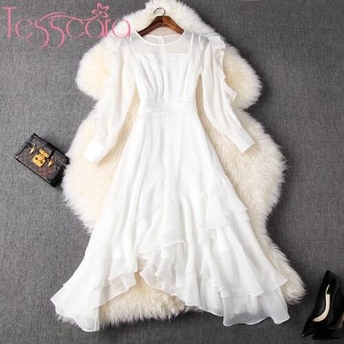 TESSCARA Women Runway Designer Luxury Ruffle Chiffon Dress Festa High Quality Cocktail Party Robe Femme Asymmetrical Vestidos