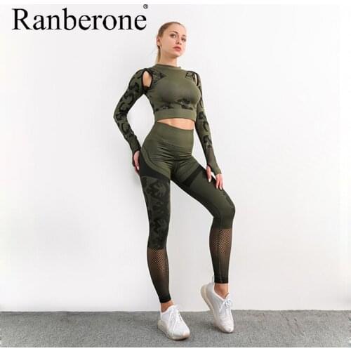 Ranberone 2 Piece Yoga Sets Sport Fitness Seamless Workout Clothes Gym Women Hollow Out Patchwork Womens Tracksuit 2020