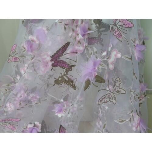 53.1" Wide Lavender/Pink 3D Flower Organza Fabric Butterfly Printing Embroidery Gauze Fabric by the yard