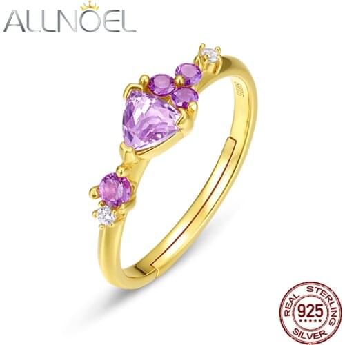 ALLNOEL Solid 925 Sterling Silver Ring for Women Natural Amethyst Ring Adjustable Fine Jewelry 2021 Trendy New Birthday Gift